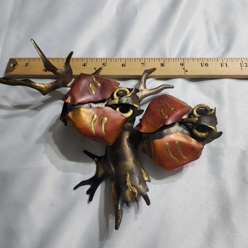 Vintage Brutalist Metal Owl Wall Art Set Mid Century Modern Copper Brass Tones